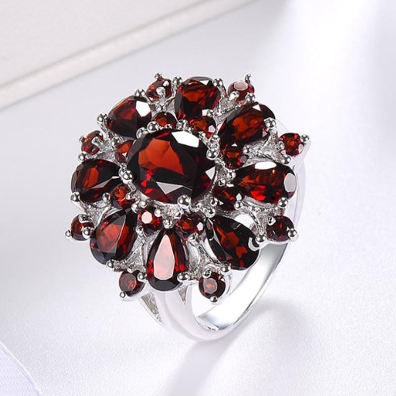 Scarlet Garnet Flower Ring - 925 Sterling SilverRing