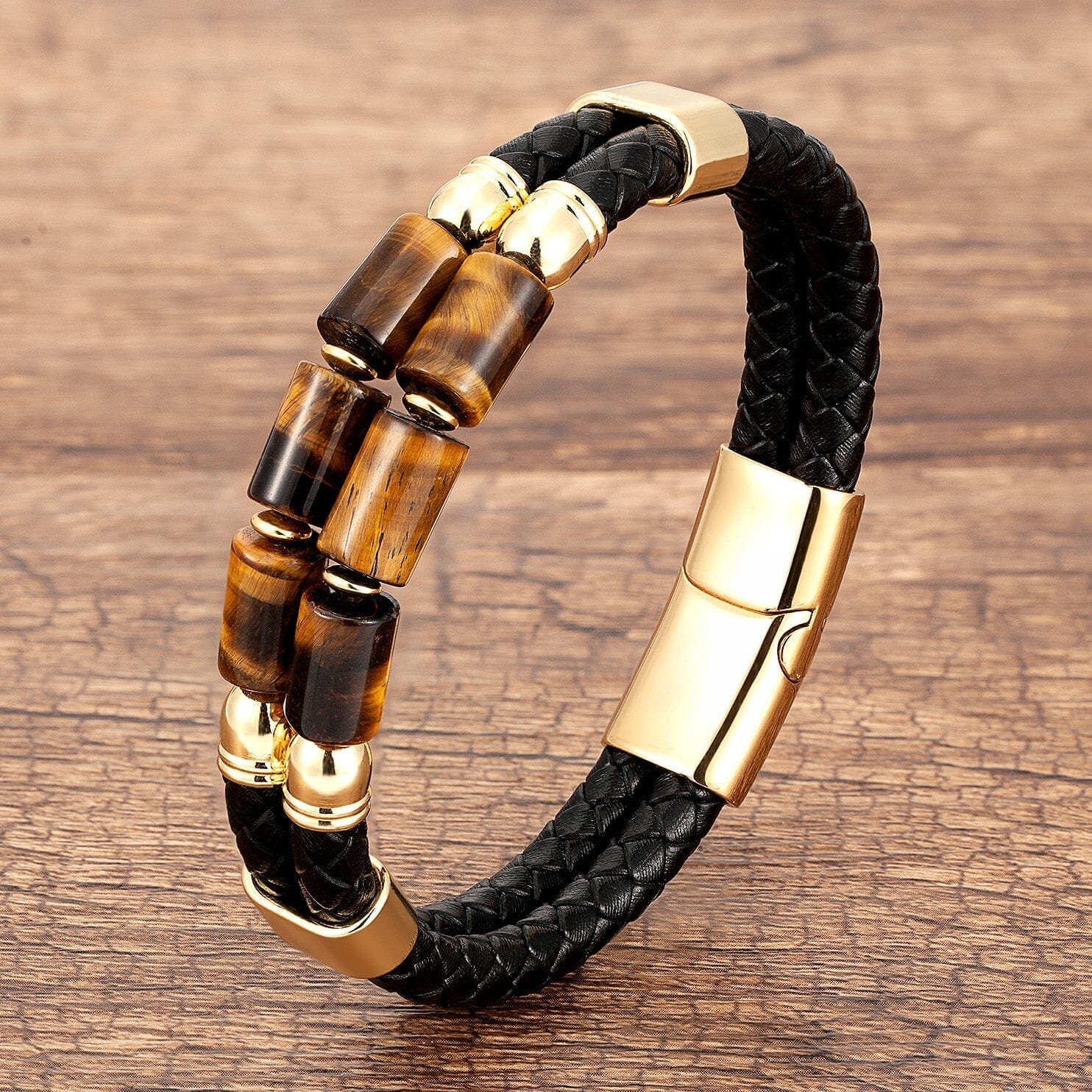 High Quality Natural Tiger Eye Braided Leather Rope BraceletBraceletYellow Tiger Eye19cm