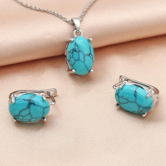 Fine Oval Egg-Shaped Synthetic Turquoise Jewelry Set - 585 Rose GoldEarringsWGBL48cm