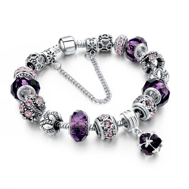 Crystal Beads Silver Charm BraceletBraceletAmethyst