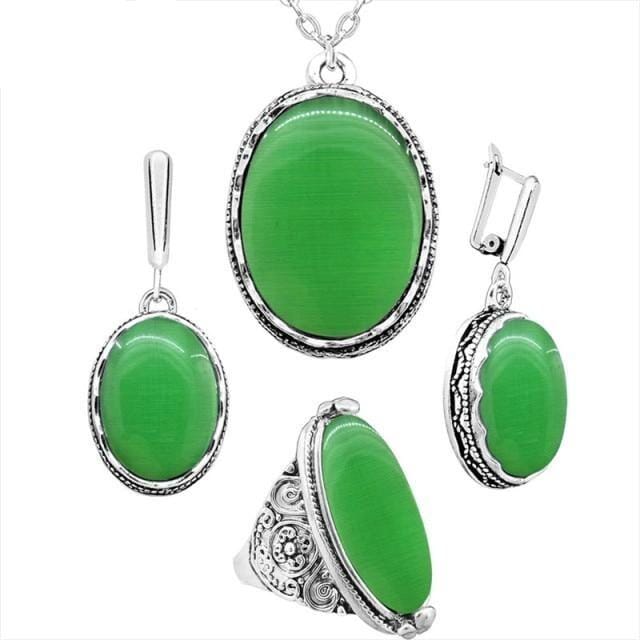 Fashionable Oval Opal Jewelry Set - Necklace, Earrings & RingJewelry SetNecklace Set - Green8