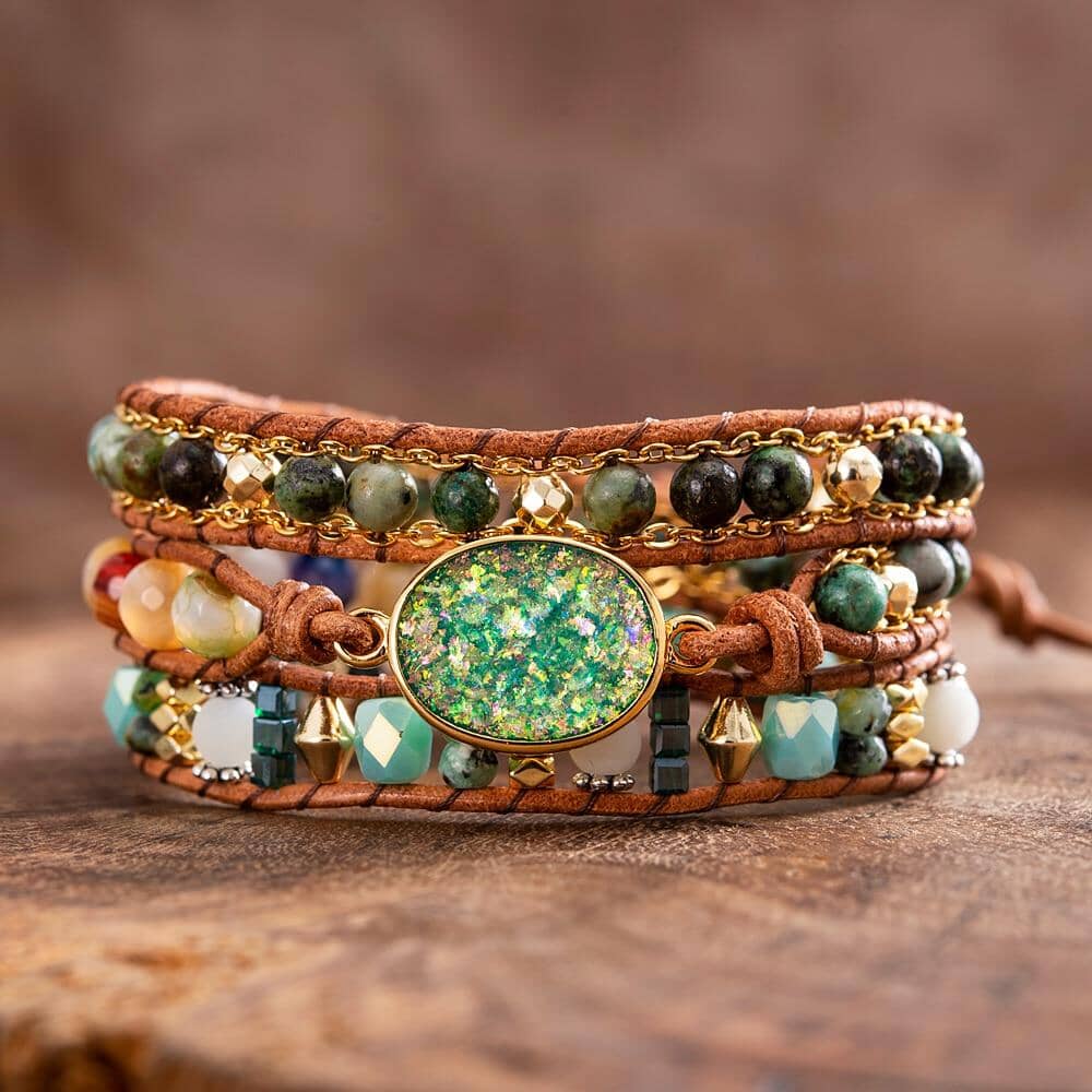 Green Oval Opal Bohemian Wrap Beaded BraceletBracelet