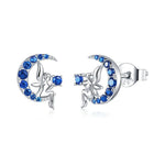 Crescent Moon Cat on the Moon Fairy Sapphire Stud Earrings - Genuine 925 Sterling SilverEarringsBSE376