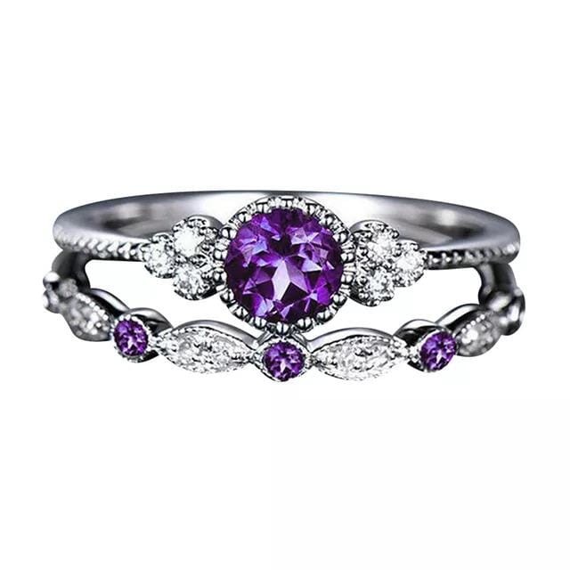 2pcs Amethyst and White Crystal Round Ring SetRing