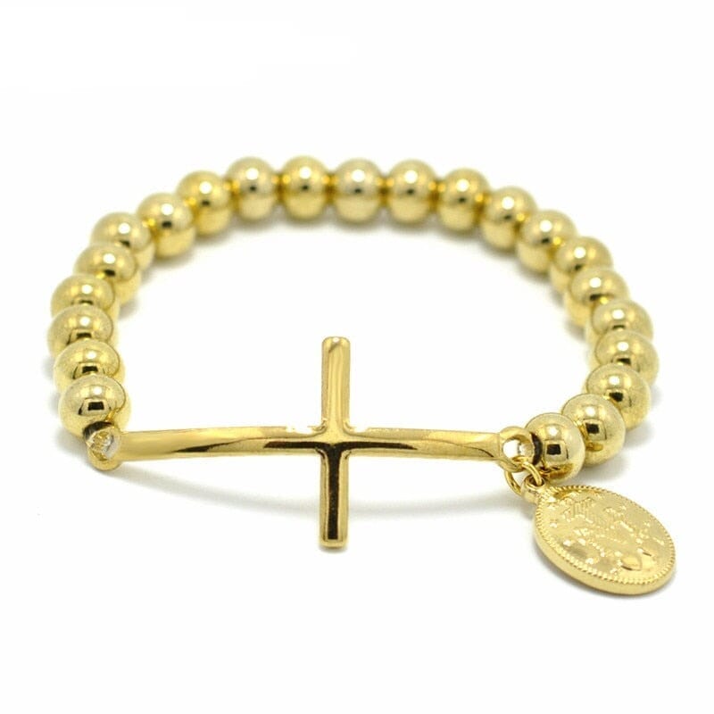 WWJD Virgin Mary Rosary Cross Stretch Strand Stainless Steel BraceletBraceletgold