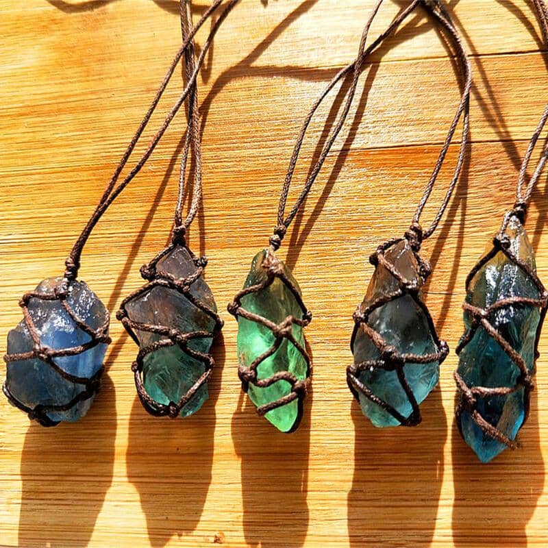 Natural Quartz Crystal Stone / Blue-Green Fluorite PendantPendant