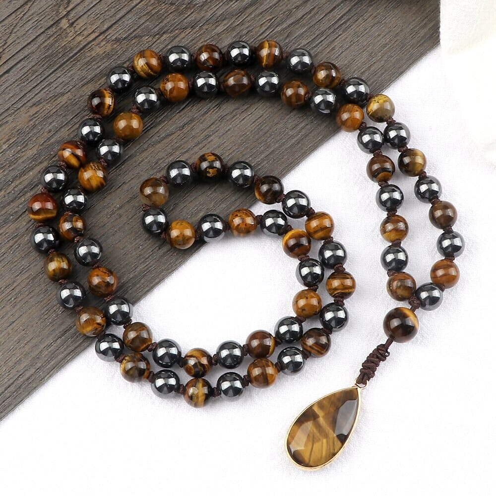8mm Tiger Eye Stone Necklace Drop Pendant Handmade Knotted Irregular Hematite Beaded NecklaceNecklace