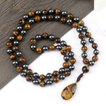 8mm Tiger Eye Stone Necklace Drop Pendant Handmade Knotted Irregular Hematite Beaded NecklaceNecklace