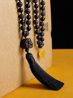 Mala Beaded Necklace Volcanic Stone Black Onyx Tassel Knotted NecklaceNecklace