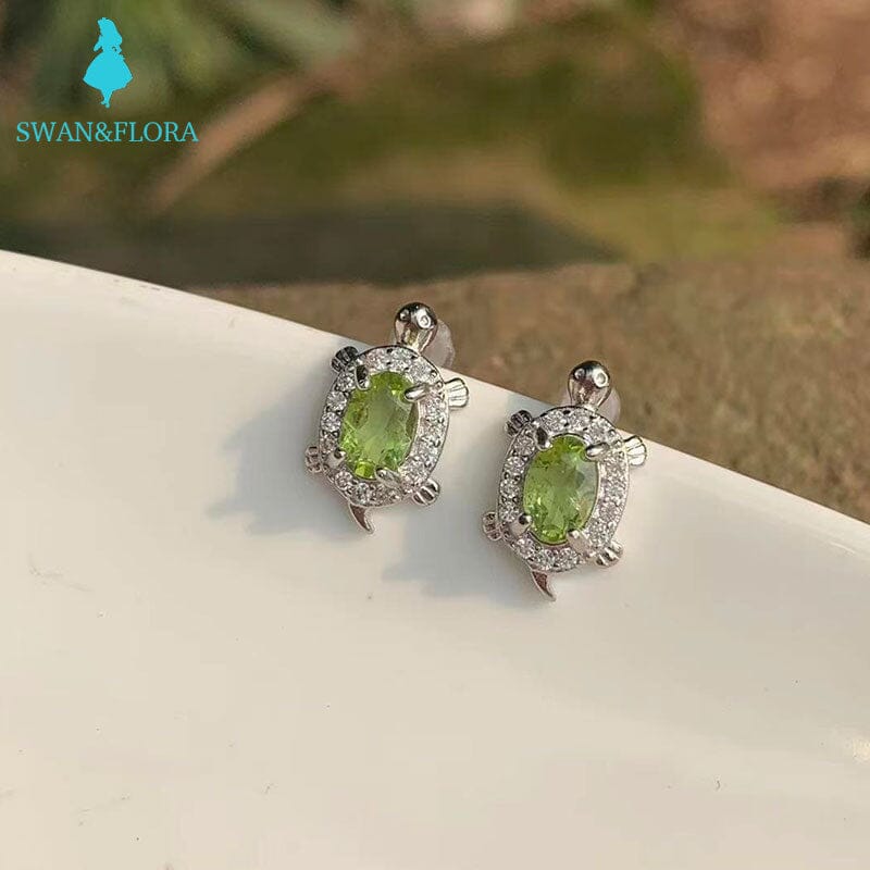 100% Genuine Natural Peridot Turtle Stud Earrings - 925 Sterling SilverEarrings