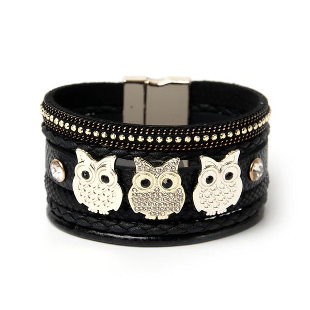 Rhinestone Owl Magnetic Buckle BraceletBraceletblack