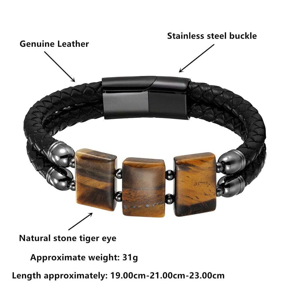 Luxury Stainless Steel Leather Natural Tiger Eye Stone BraceletBracelet