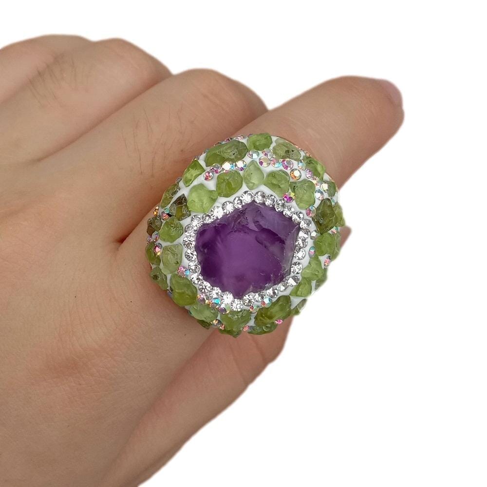 Rough Raw Amethyst Peridot Adjustable RingRing