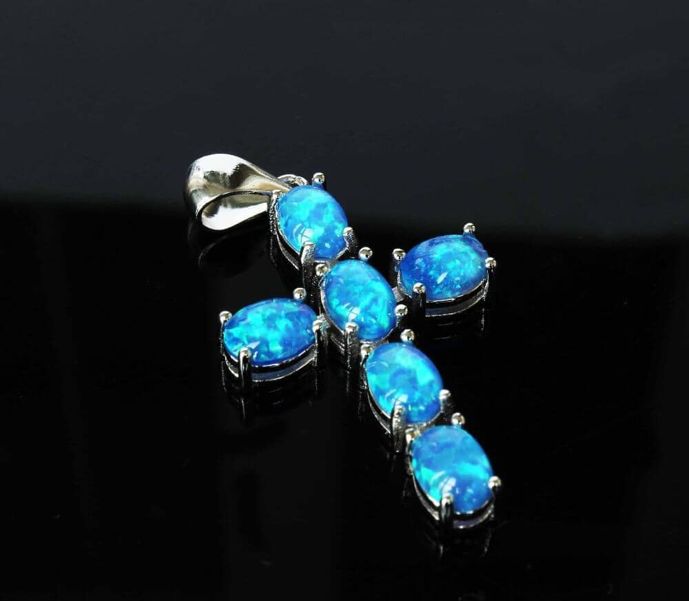 White & Blue Fire Opal Cross PendantNecklace