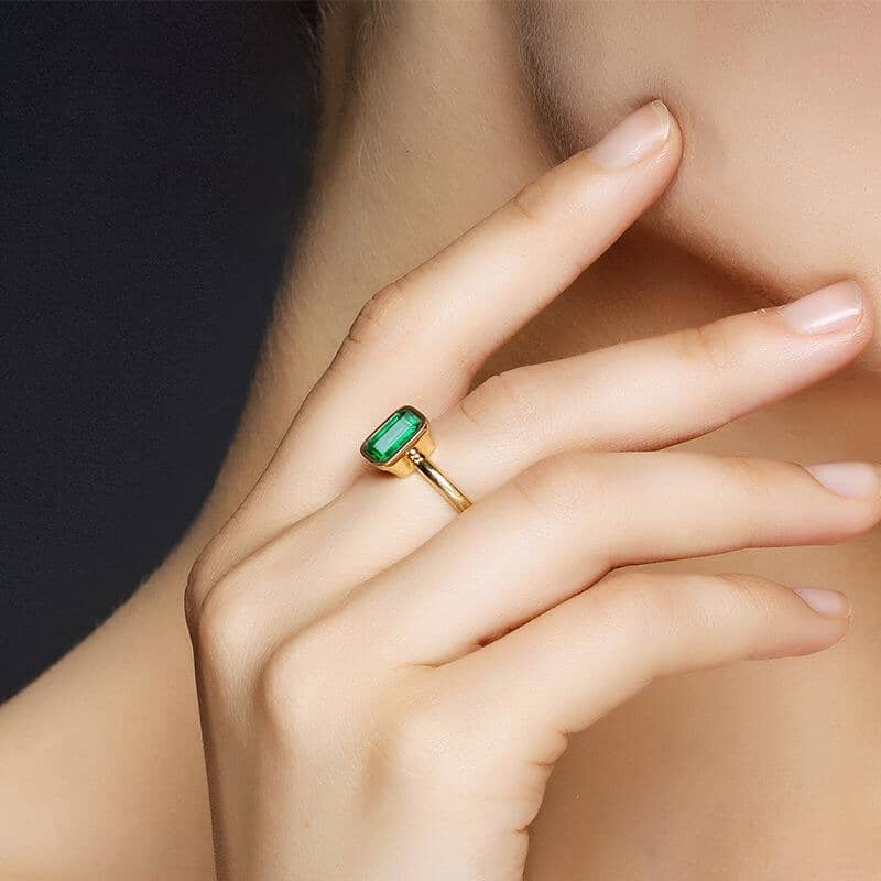 Elegant Square Emerald Yellow Gold Ring - 925 Sterling SilverRing