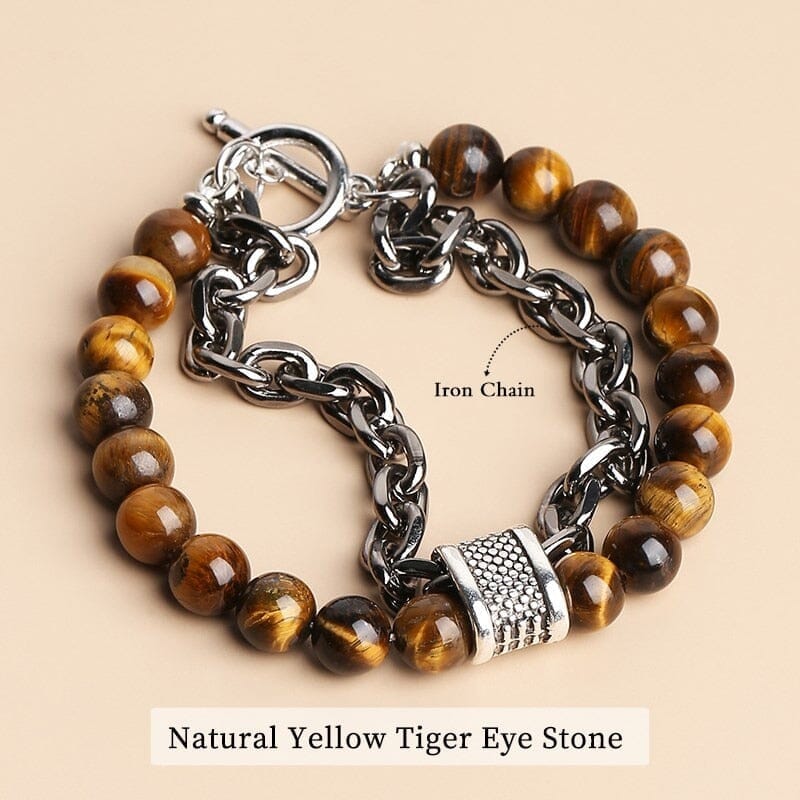 Natural Tiger Eye Stone Beaded Stainless Steel BraceletBraceletFull Tiger Eye