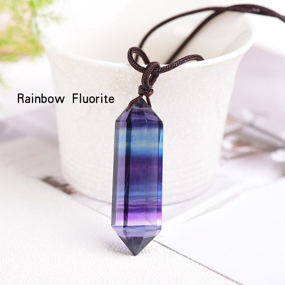1pc Natural Crystal Quartz Double Point Pendant NecklaceNecklaceRainbow Fluorite