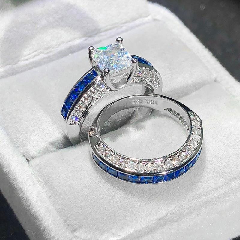 Luxury 10K White Gold Filled Blue Sapphire Gem Simulated Diamond RingRing