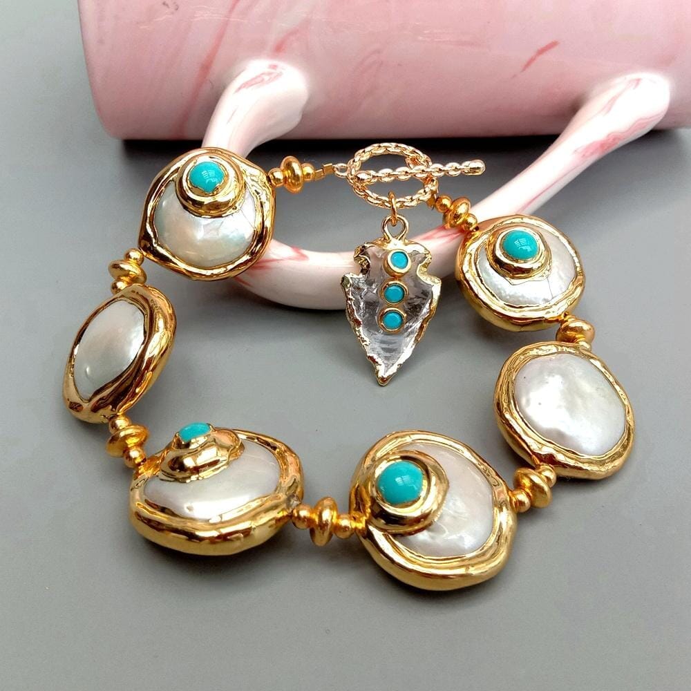 White Quartz Arrowhead Charm Freshwater Cultured Blue Crystal BraceletBracelet