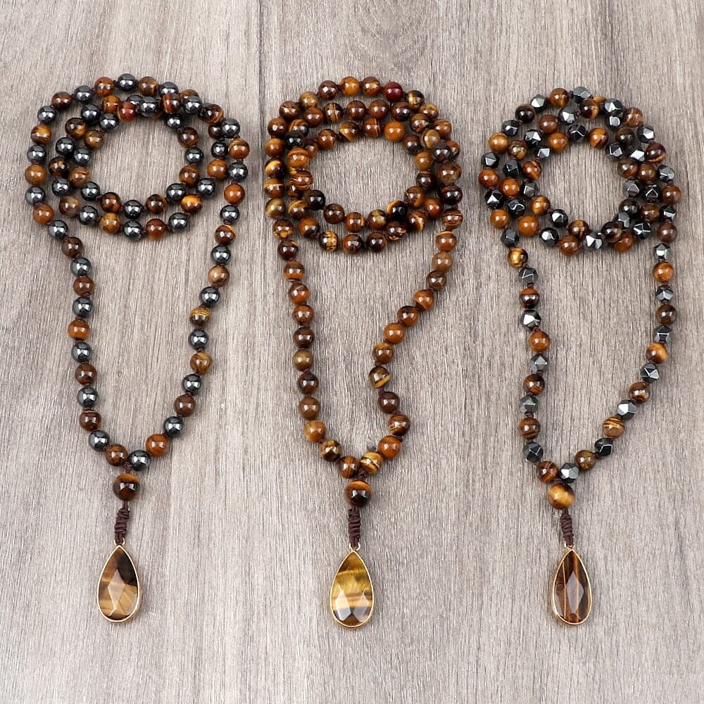 8mm Tiger Eye Stone Necklace Drop Pendant Handmade Knotted Irregular Hematite Beaded NecklaceNecklace