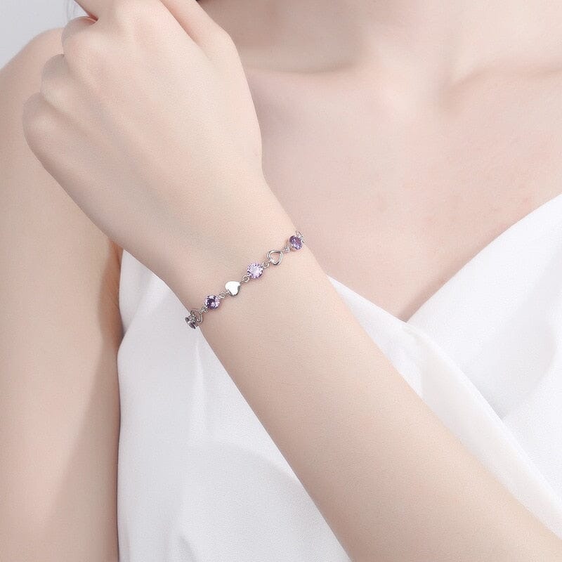 Love Heart Amethyst Chain Linked Bracelet - 925 Sterling SilverBracelet