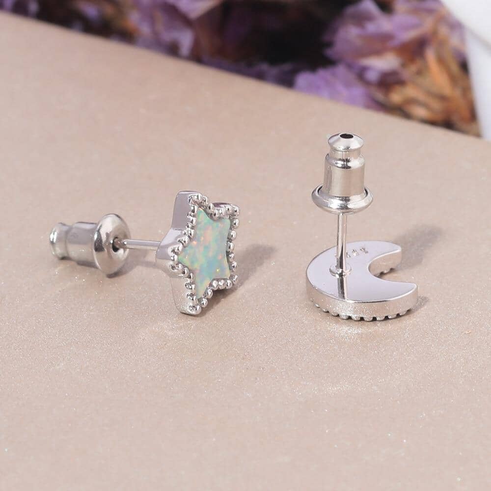 Moon & Star White Fire Opal Stud EarringsEarrings