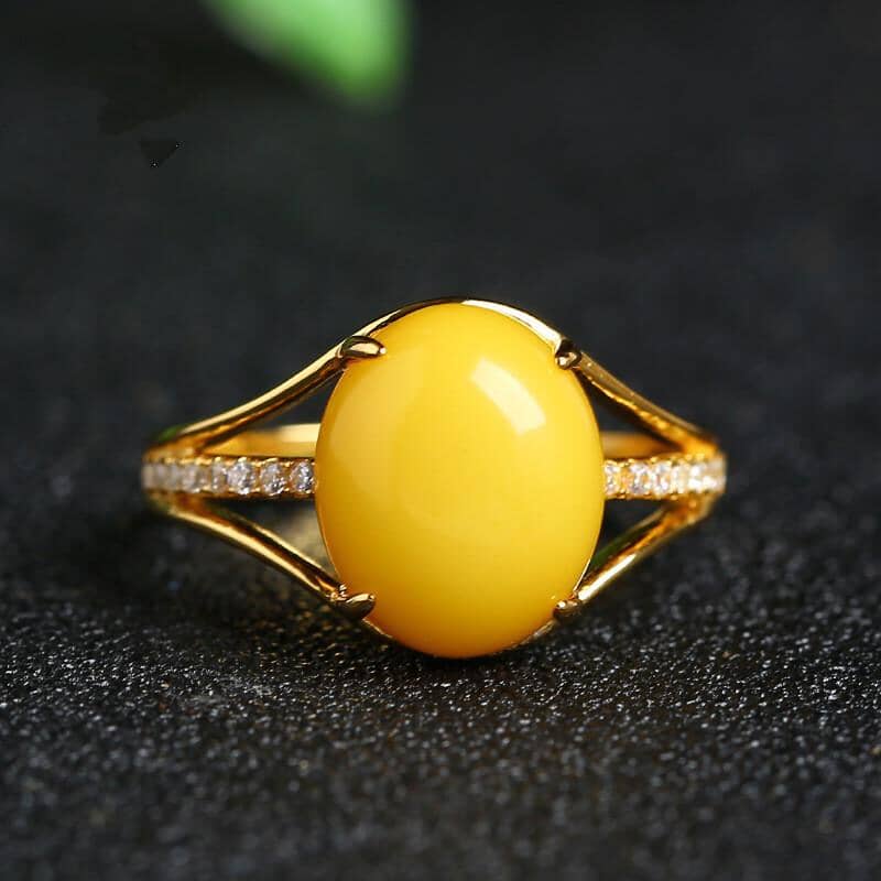 925 Sterling Silver Natural Yellow Amber Ring (Resizeable)Ring