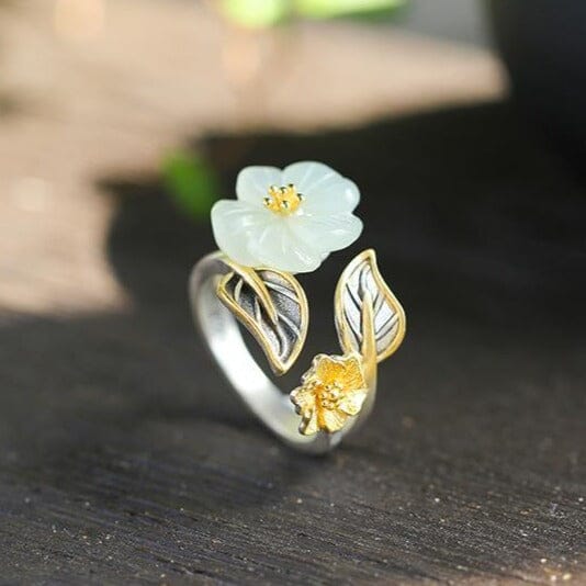 White Hetian Jade Flower Ring - 925 Sterling SilverRing