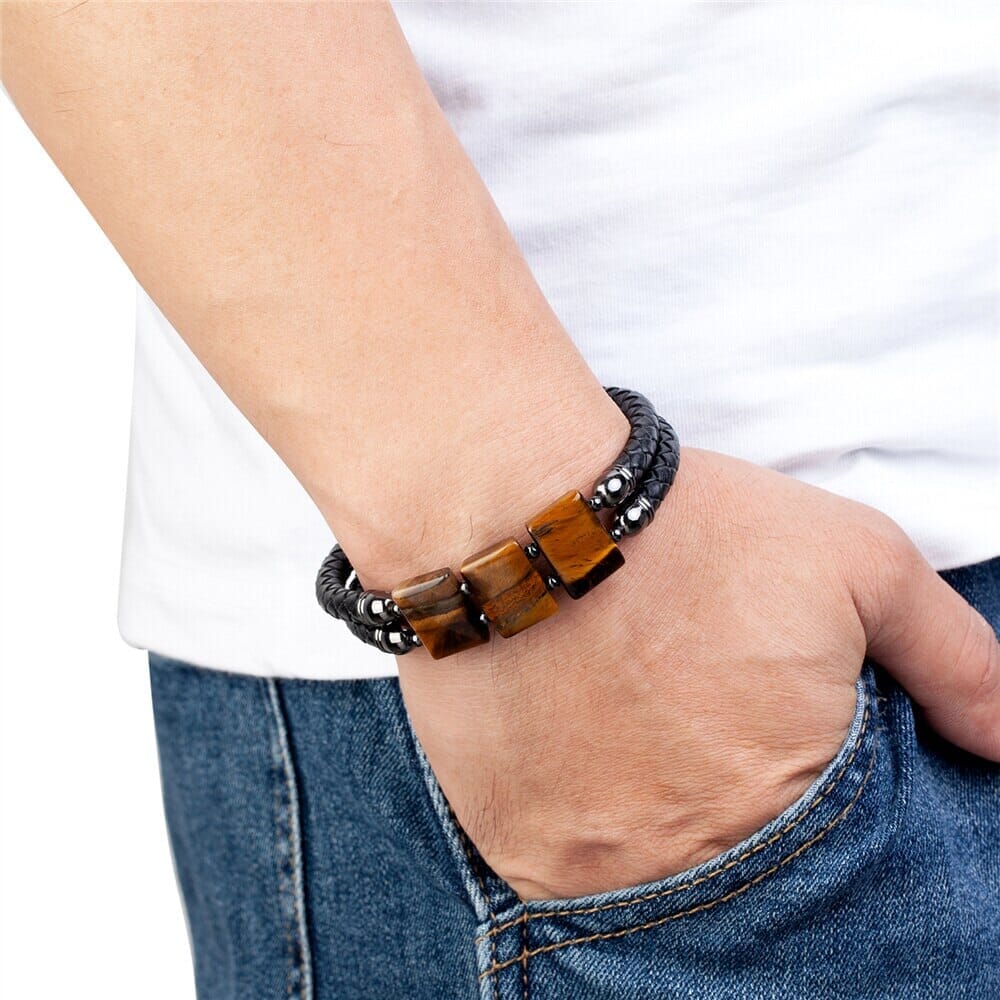Luxury Stainless Steel Leather Natural Tiger Eye Stone BraceletBracelet
