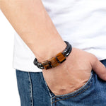 Luxury Stainless Steel Leather Natural Tiger Eye Stone BraceletBracelet