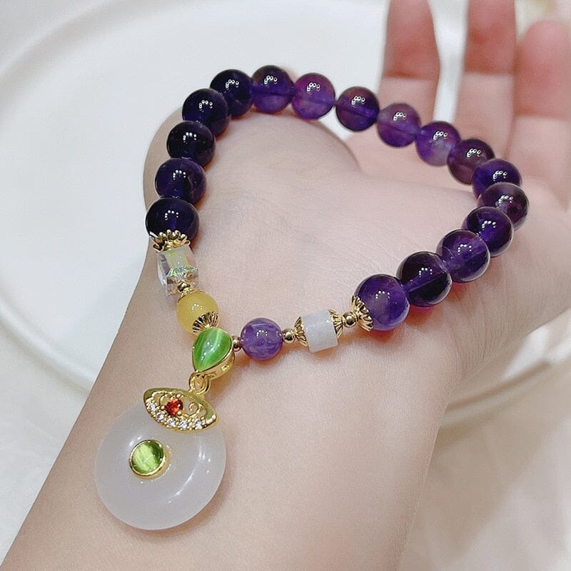 Lucky Bag Round Ring Charm Natural Amethyst Beaded BraceletBracelet
