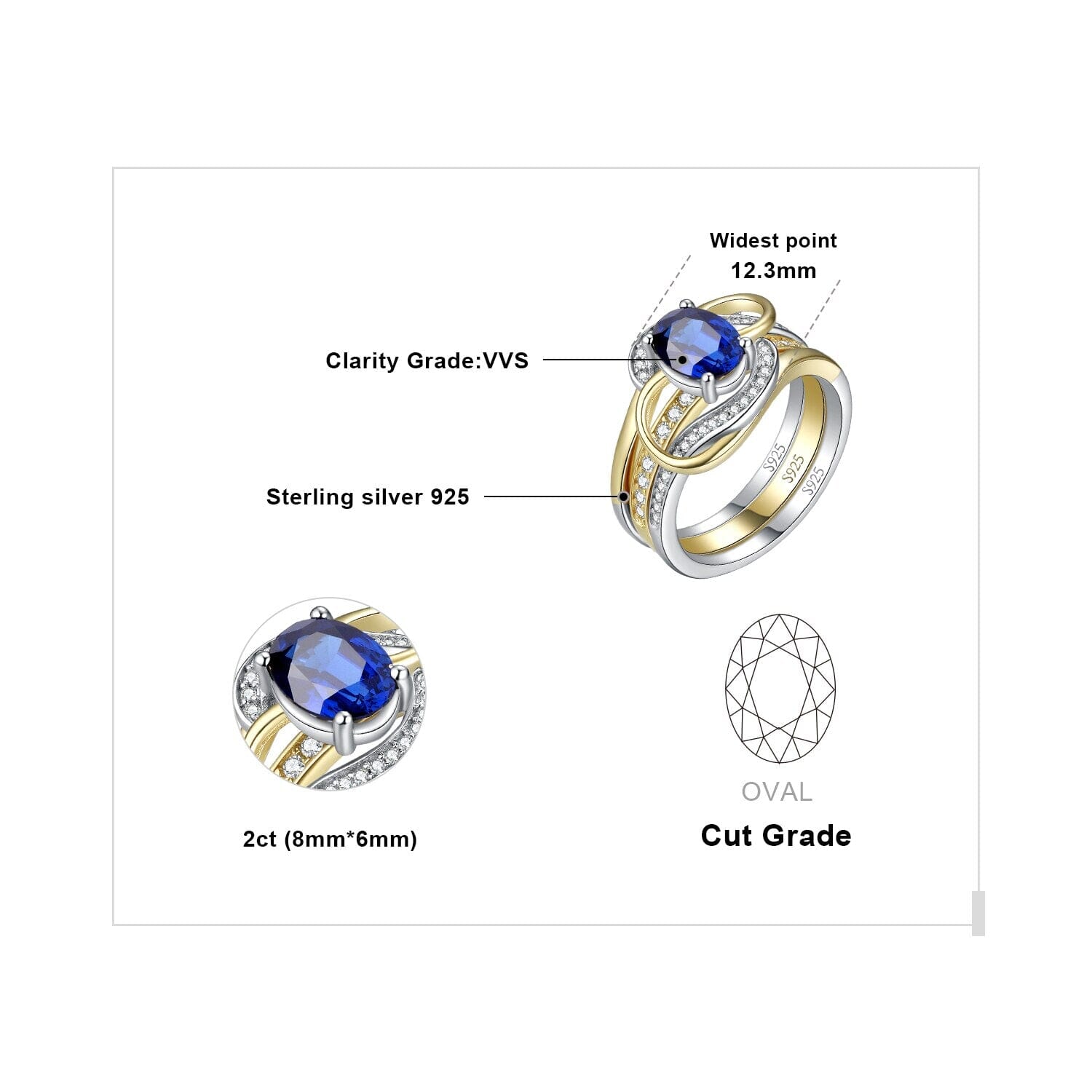 2Pcs Elegante Silver Gold Luxury Sapphire Ring - 925 Sterling SilverRing
