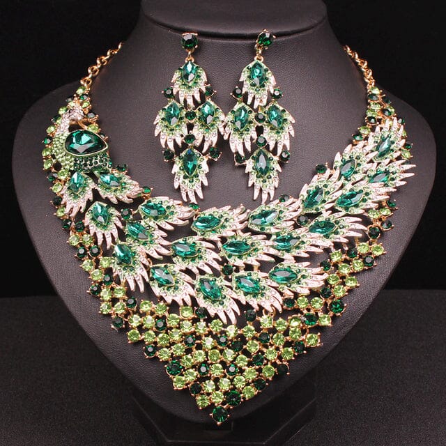 Blue Peacock Crystal Necklace Jewelry SetJewelry SetGREEN
