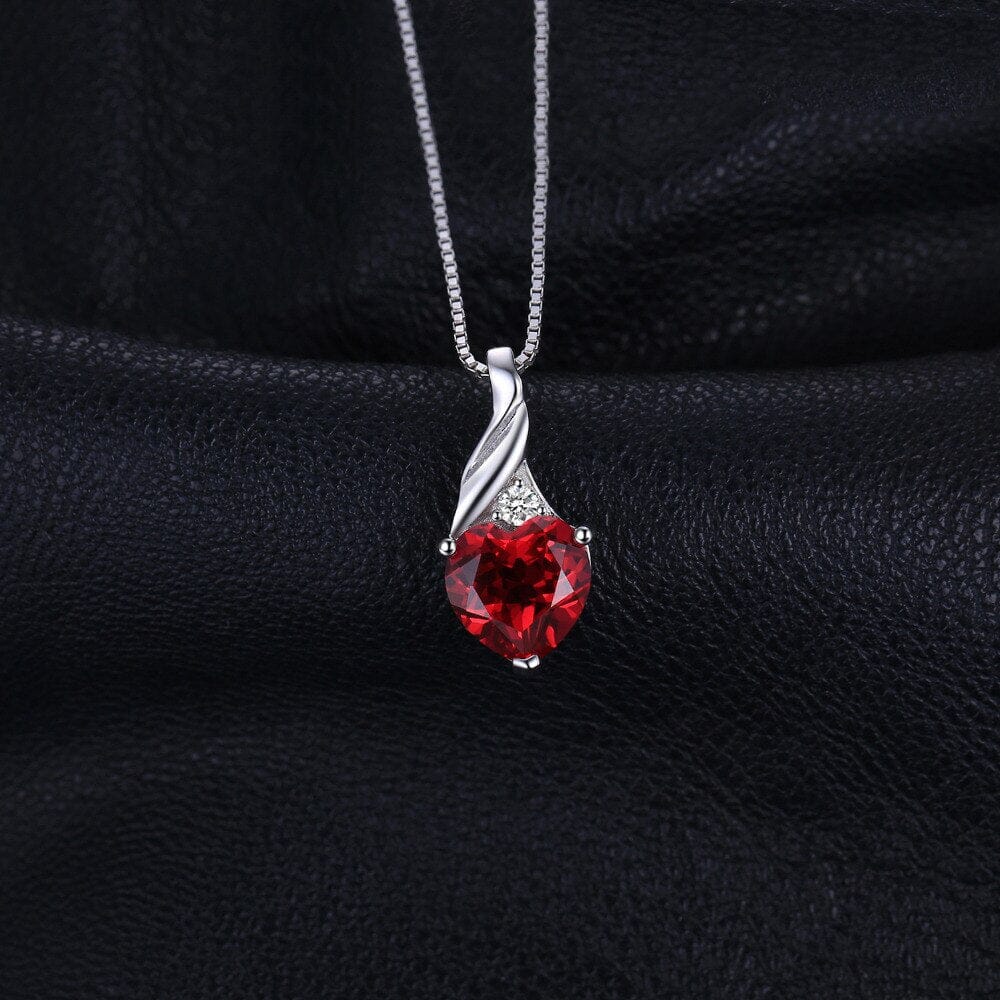 Love Heart Created Ruby Pendant Necklace - 925 Sterling Silver (Without Chain)Necklace