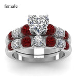 White Gold Heart Garnet Couple RingsRing6Female