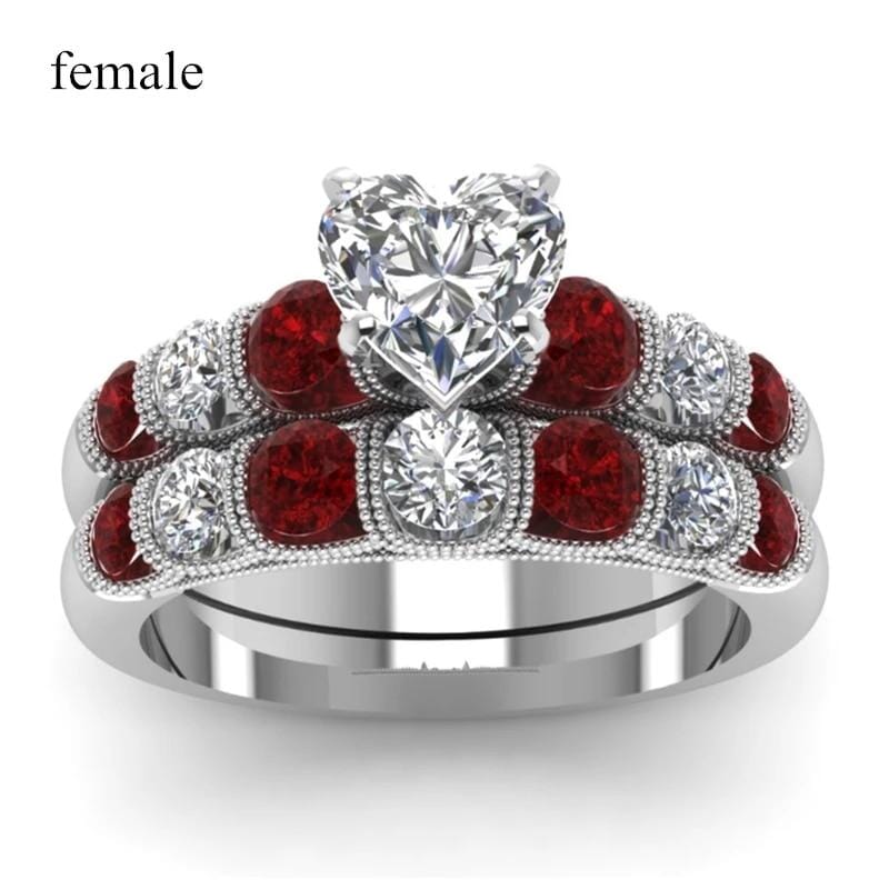 White Gold Heart Garnet Couple RingsRing6Female