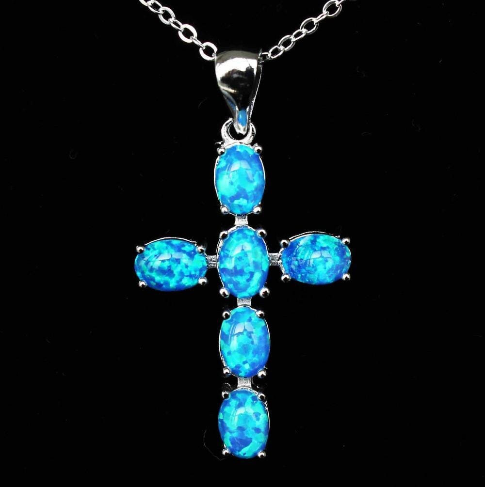 White & Blue Fire Opal Cross PendantNecklaceBlue