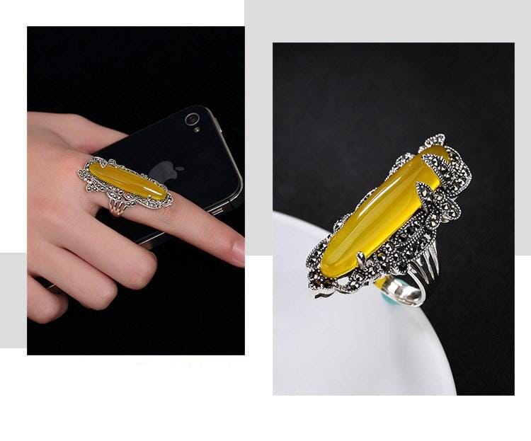 Amber Sterling Silver Ring S925 Fine Jewelry - ResizeableRing