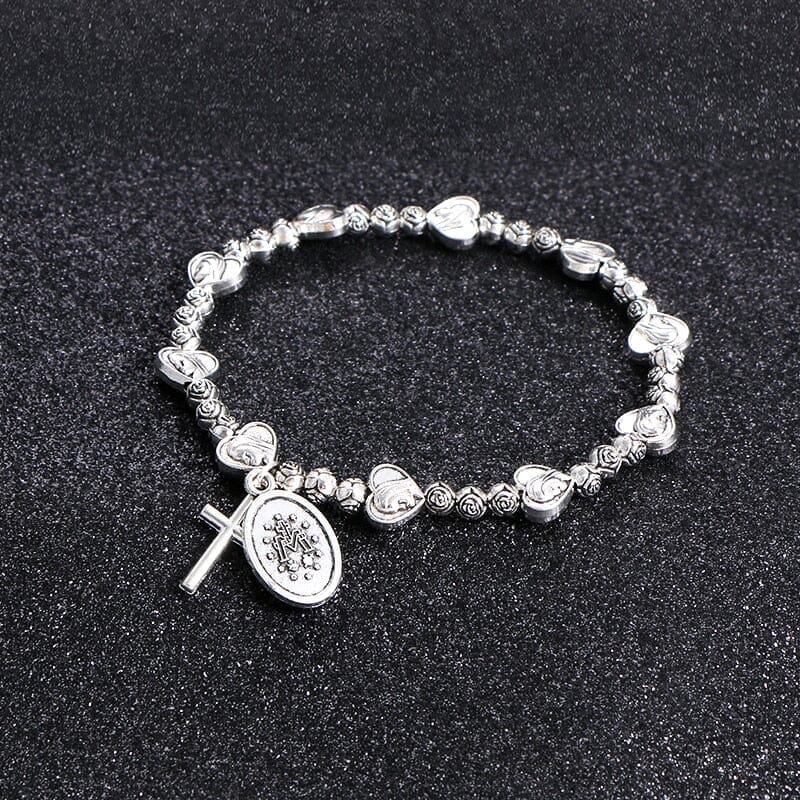 Silver Beaded Cross and Virgin Mary WWJD BraceletBracelet