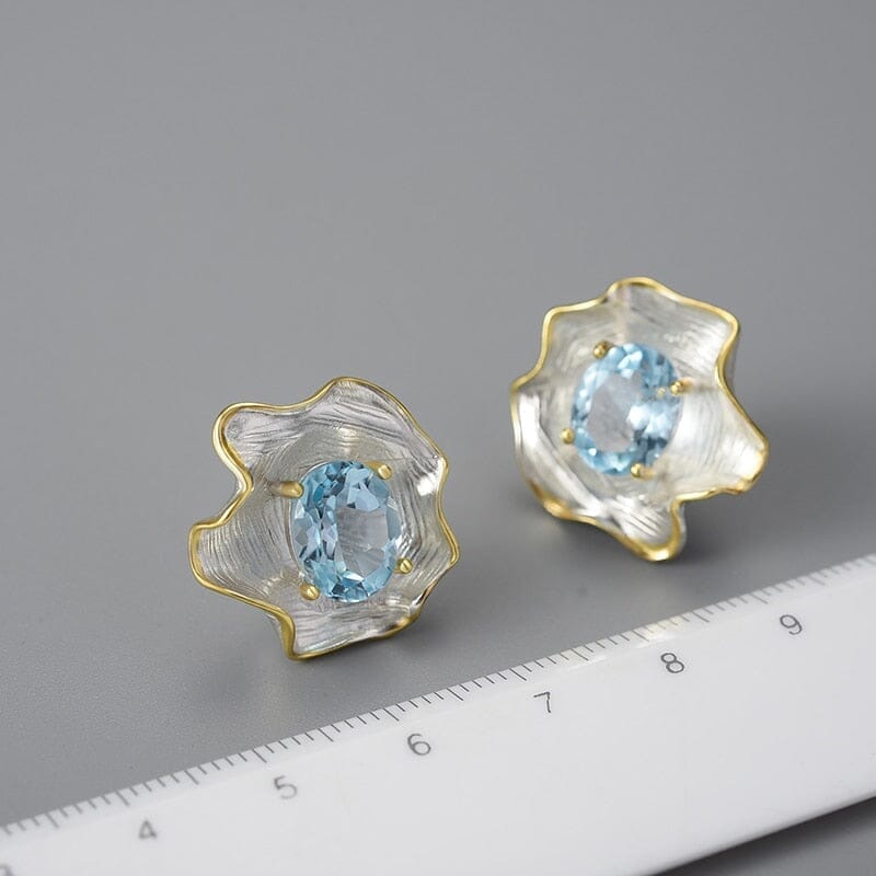 Vintage Baroque Style Topaz Citrine Gemstone Curled Leaf Stud Earrings - 925 Sterling SilverEarrings