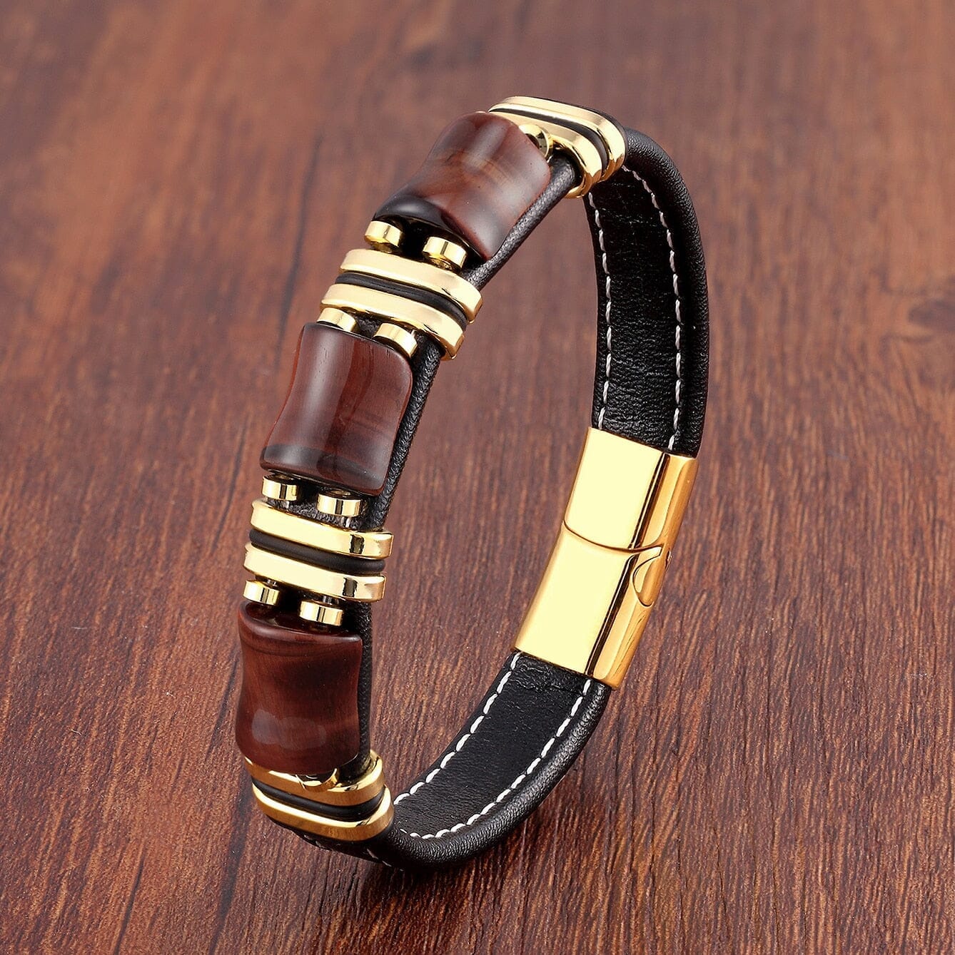 Natural Tiger Eye Stone Bracelet in Black Leather Rope ChainBraceletGold-Red Tiger Eye19cm