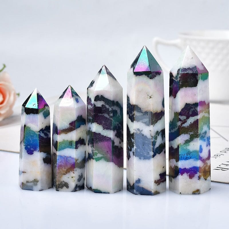 Natural Aura Stone Crystal Point Healing Obelisk Black and White Zebra Quartz WandWand