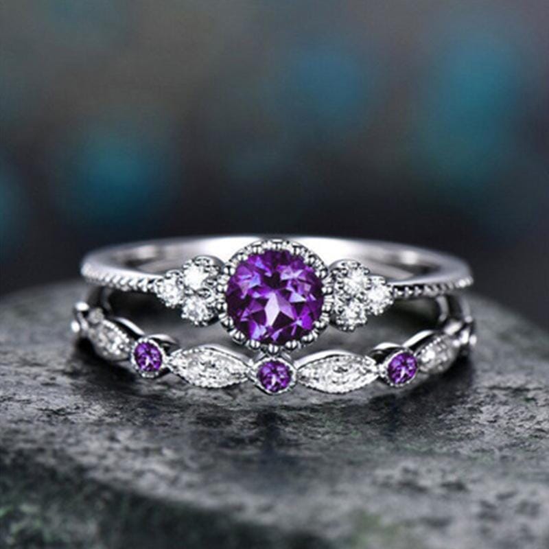 2pcs Amethyst and White Crystal Round Ring SetRing5