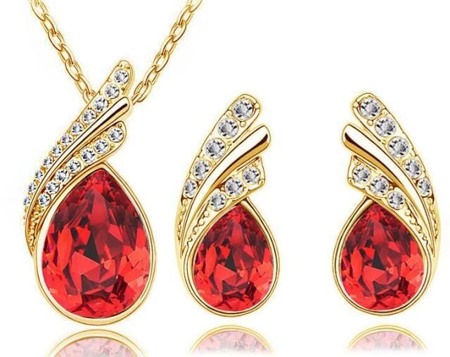 Austria Crystal Water Drop Leaves - A Pair of Earrings and a Necklace - Free ShippingEarringsGold Red