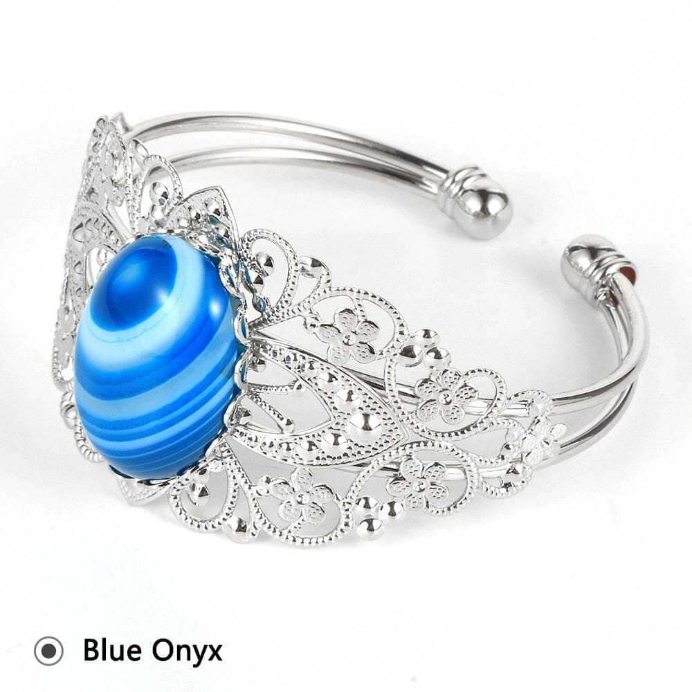 Coffee Onyx Labradorite Oval Gemstone Open BangleBraceletBlue Onyx