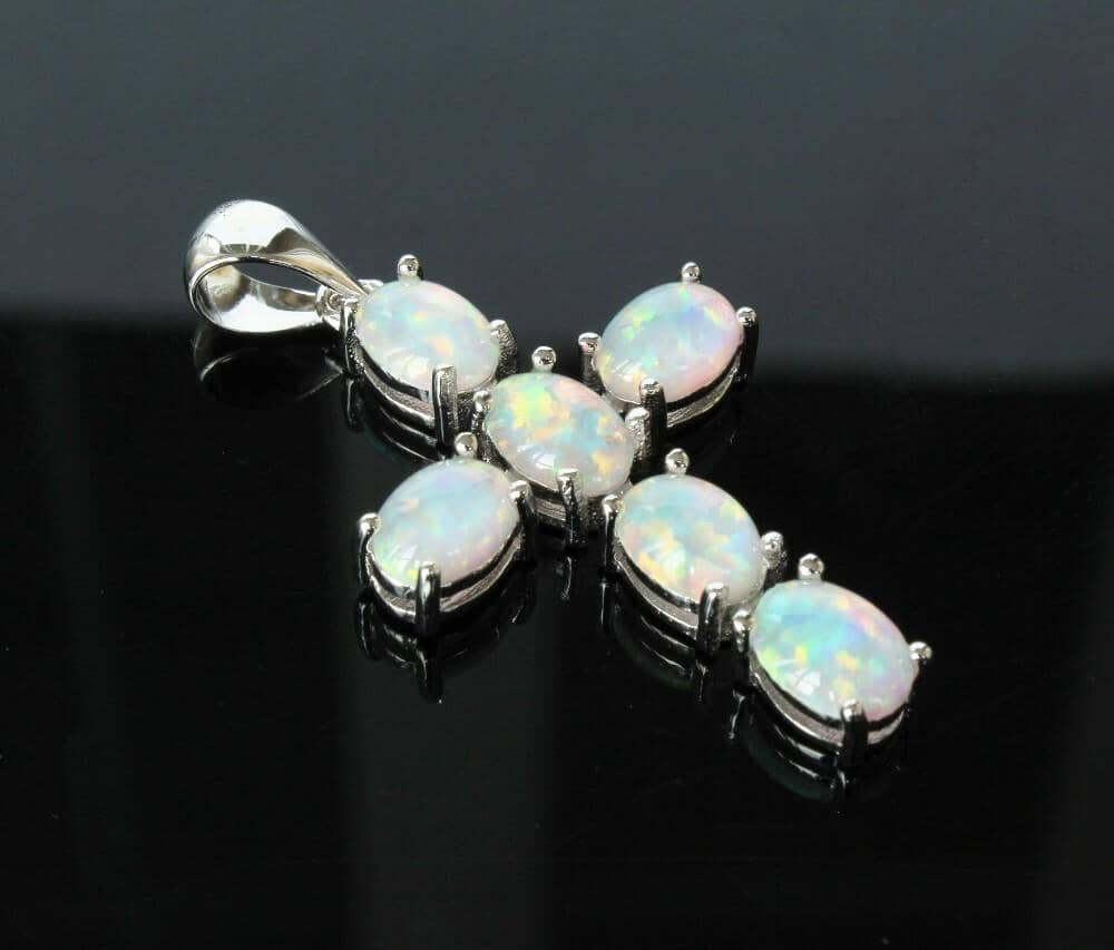 White & Blue Fire Opal Cross PendantNecklace