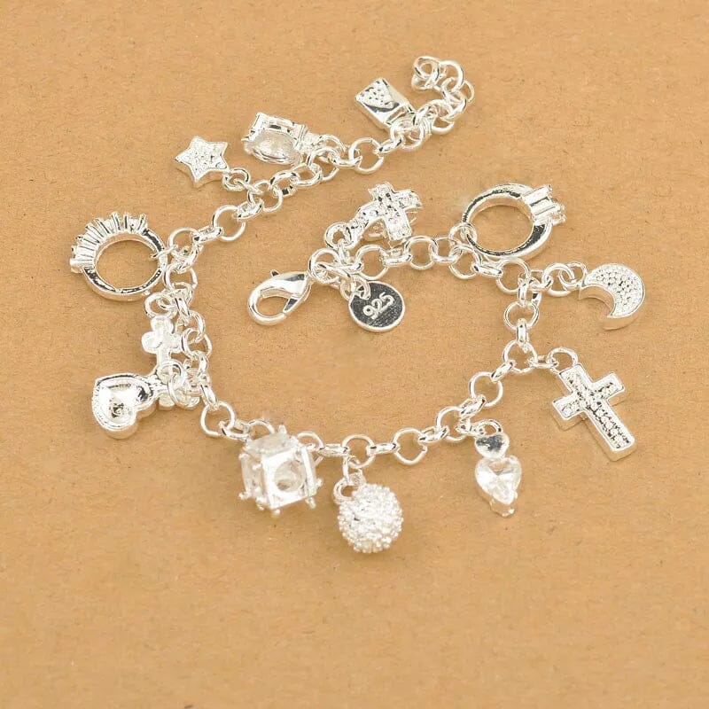 Cross Moon Heart Clock Ball Cube Star Charm Bracelet - 925 Sterling SilverBracelet