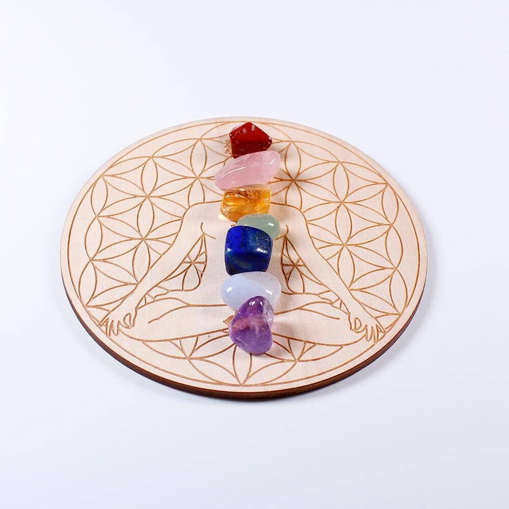 Natural Seven Chakra Healing Stone + Seven Star Array Wood PlateRaw Stone