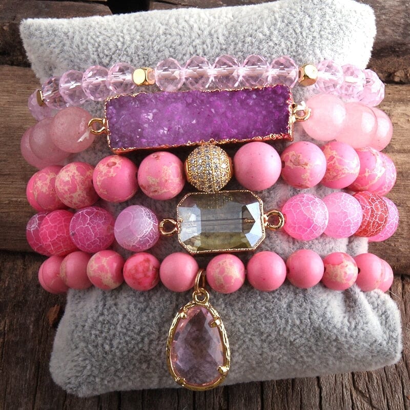 Charms 5pc Bracelet Set Fashion Designer Amethyst StoneBraceletPink18.5cm