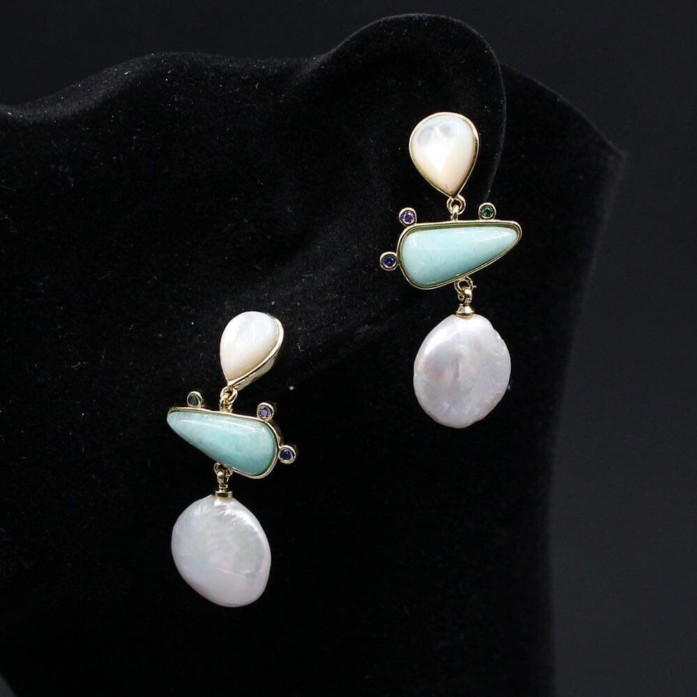 Freshwater White Coin Pearl Aventurine White Shell Dangle Stud EarringsEarrings